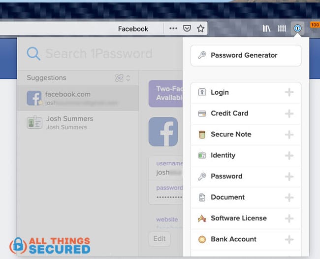 The 1Password browser extension for Firefox