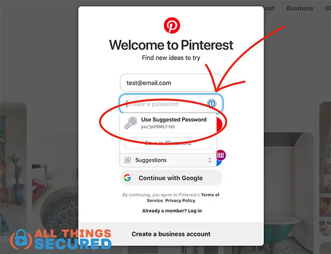 1Password suggests a new secure password for Pinterest