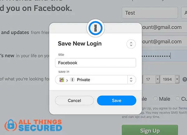 Save the new Facebook Password with 1Password