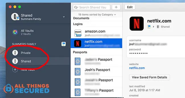 1Password shared vault screenshot example on the desktop app