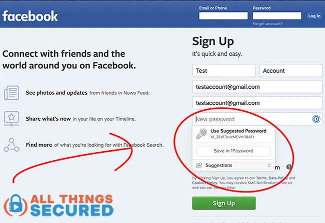 1Password suggesting a password for Facebook