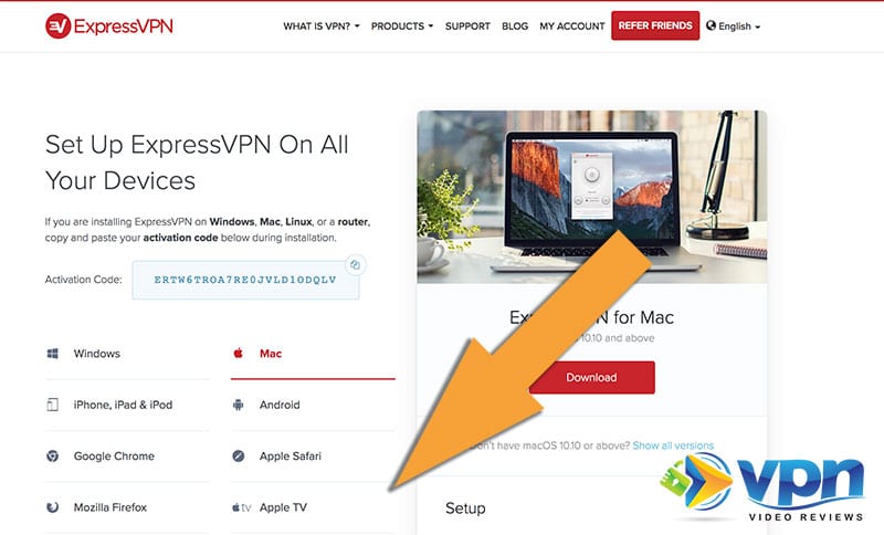 The ExpressVPN Device Setup page in your account