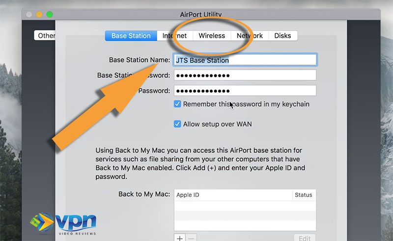 Click "Wireless" in the Apple Airport settings