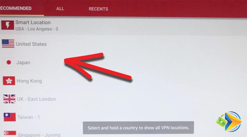 Server options in the ExpressVPN app on the Amazon Fire TV