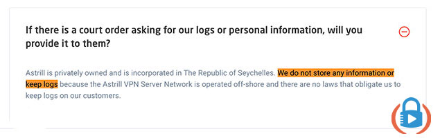 Политиката на дневника на Astrill VPN казва, че те не са