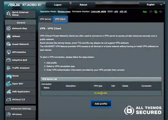 Asus router VPN client settings