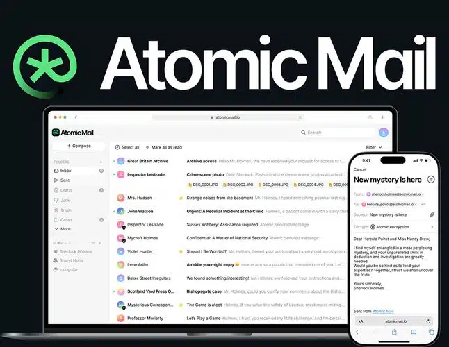 Atomic Mail logo and inbox examples