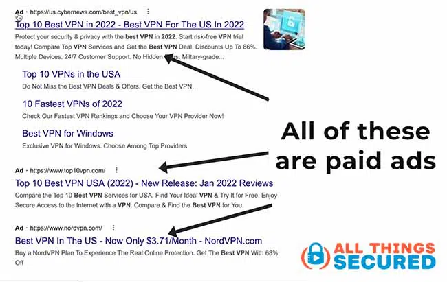 Paid ads for Google's Best VPN search