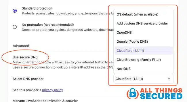 Brave DNS settings screenshot