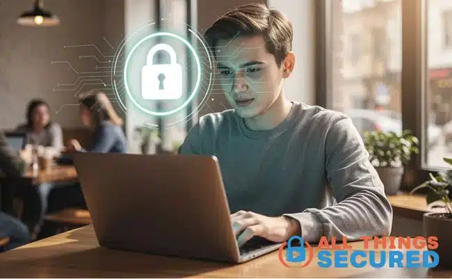 A person is sitting at a coffee shop, focused on their laptop, with a floating symbol indicating a secure connection above them. This image highlights the importance of a secure internet experience while using devices to access various online resources, such as web pages and DNS queries.