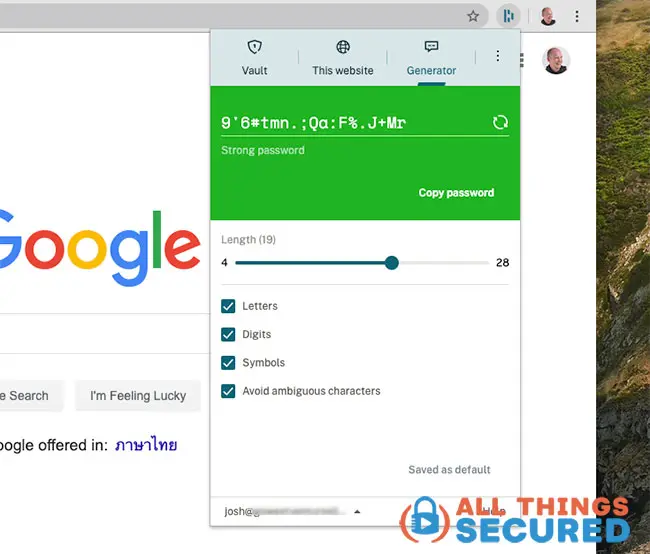 The Dashlane password generator on the browser extension