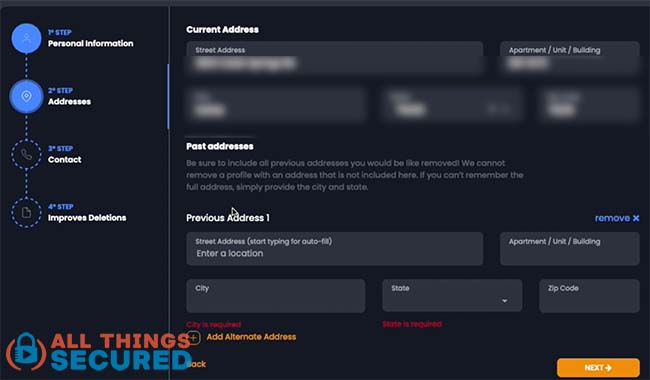 Filling out the DeleteMe data sheet