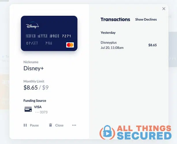 Privacy.com virtual credit card for Disney