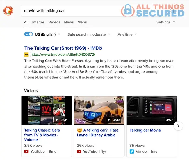 DuckDuckGo example search of movie with talking car