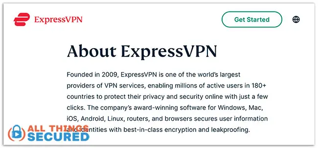 Text from the ExpressVPN About Page in 2022 vaguely explaining the company.