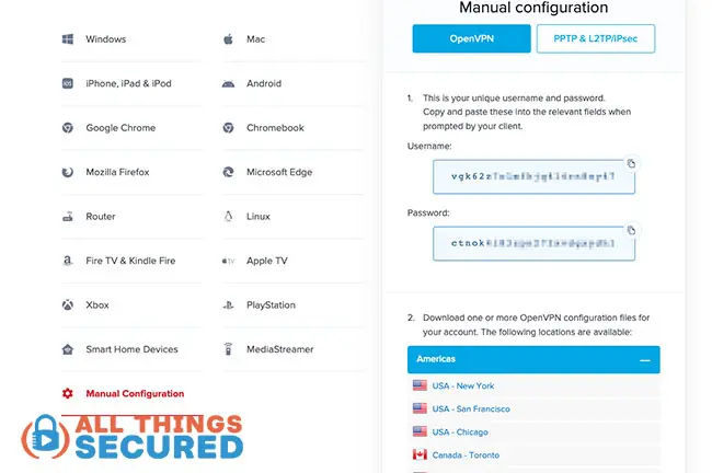 Manual VPN configuration settings page for ExpressVPN