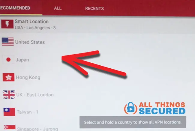 Server options in the ExpressVPN app on the Amazon Fire TV