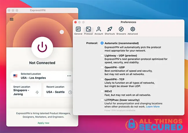 Change the connection protocols in the ExpressVPN desktop app.