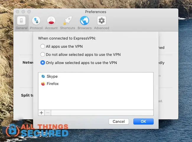 ExpressVPN split tunneling feature