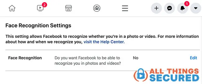 Facebook's facial recognition setting