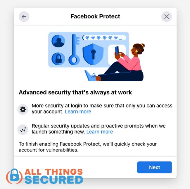 Экран настройки Facebook Protect 2