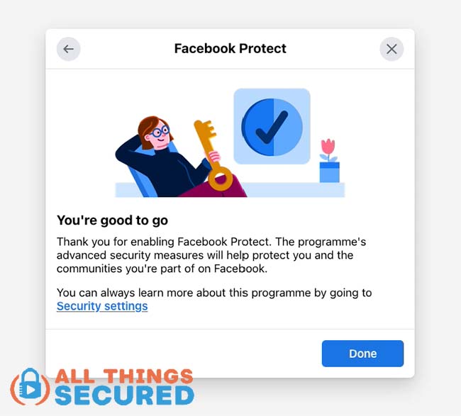 Facebook protect Setup complete