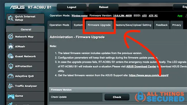 Firmware tab on a router