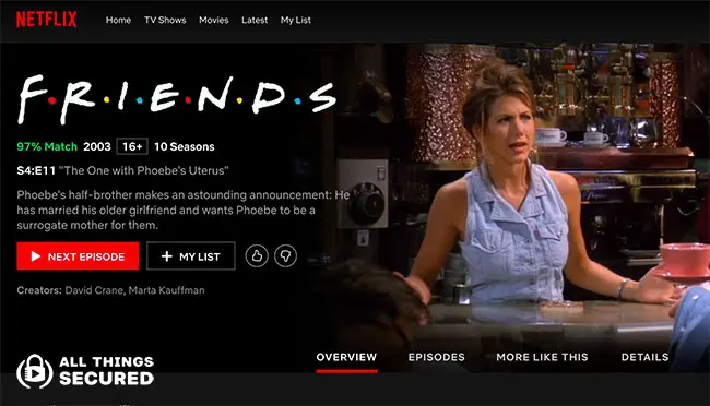 The Friends page on Netflix international