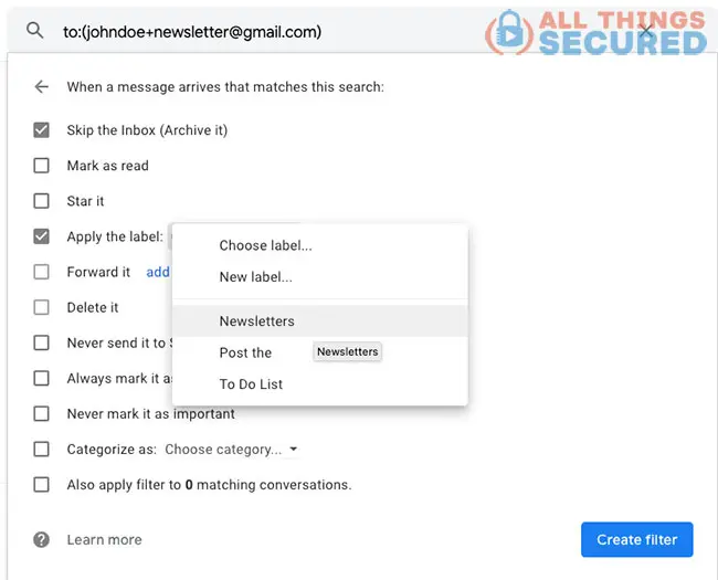 Apply Gmail filters for modified email addresses