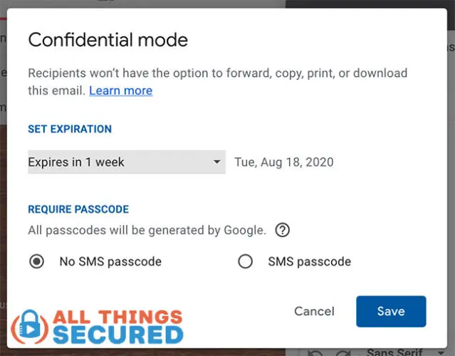 Confidential mode settings for Gmail