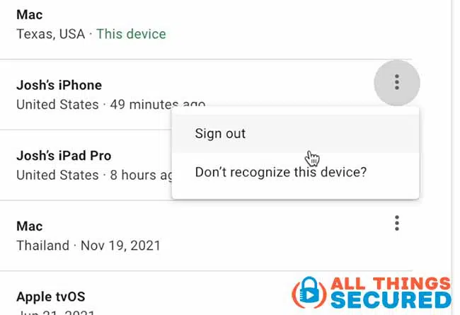 Sign out a device in your Gmail security settings