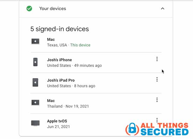 Trusted devices in a Google account security settings page