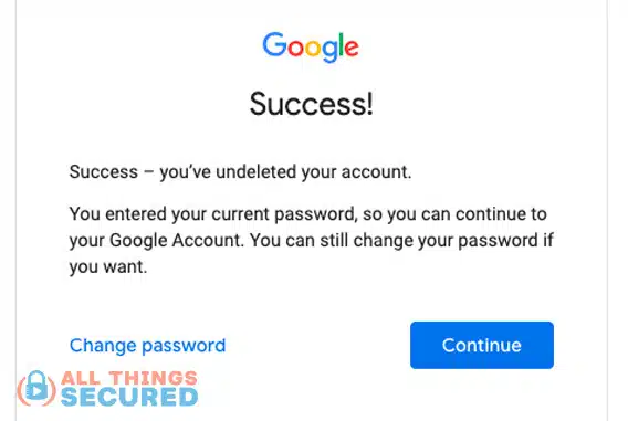 Google account recovery success message