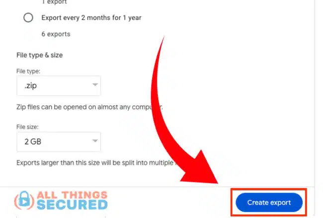 Google Takeout click create export button