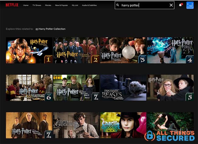 Netflix search for Harry Potter