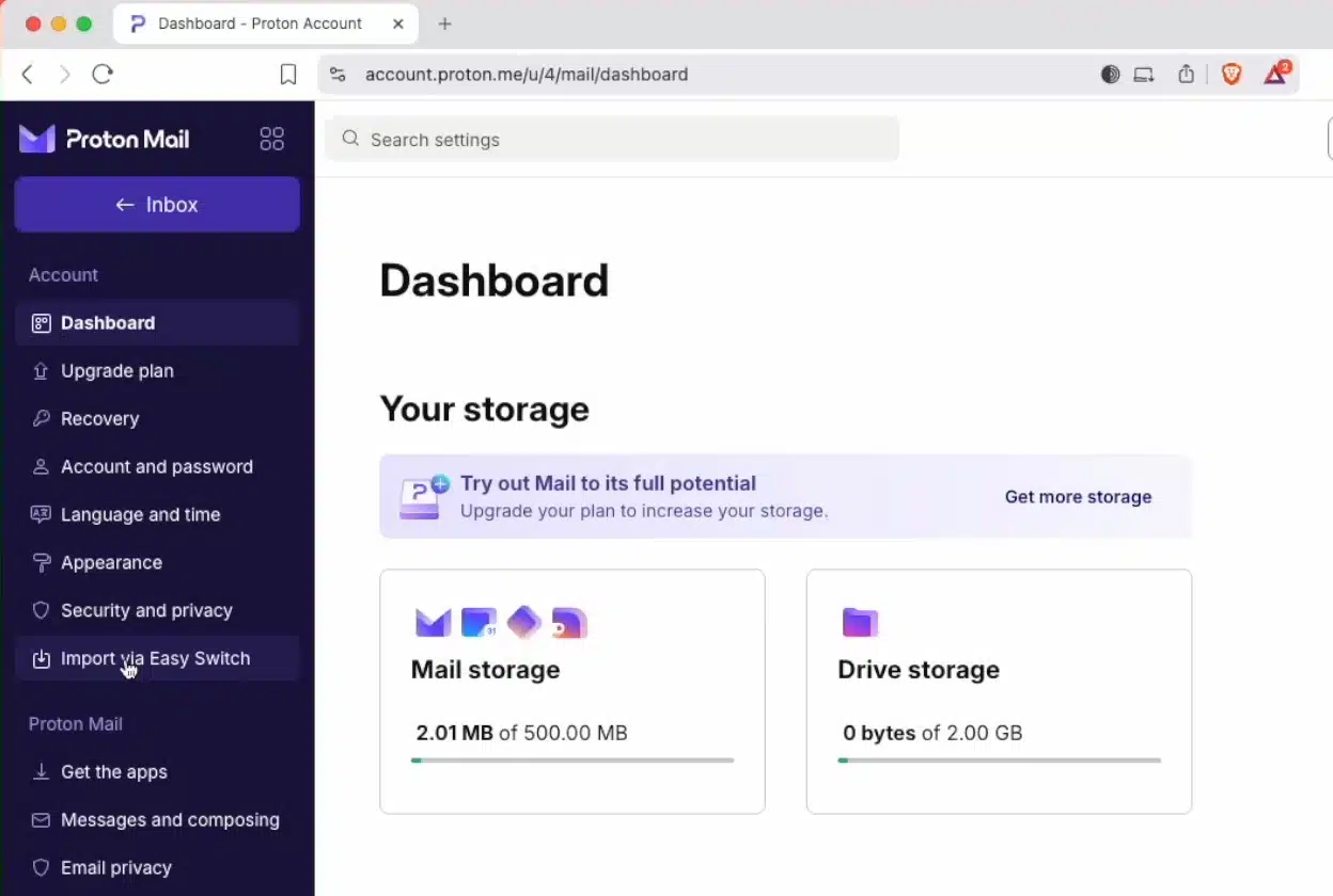 Proton Mail settings dashboard