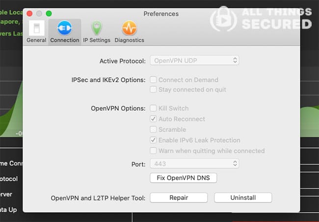 IPVanish connection settings in the desktop software