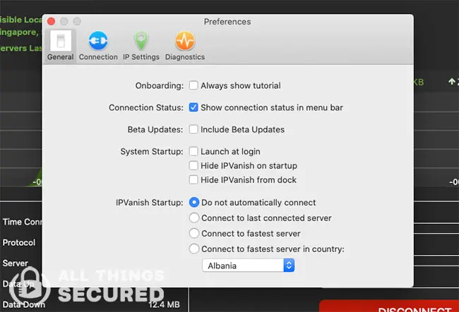 Basic login settings for IPVanish desktop software