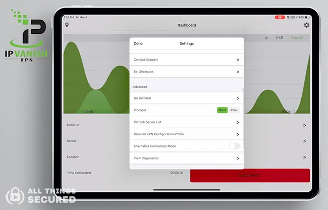 IPVanish mobile app settings screen
