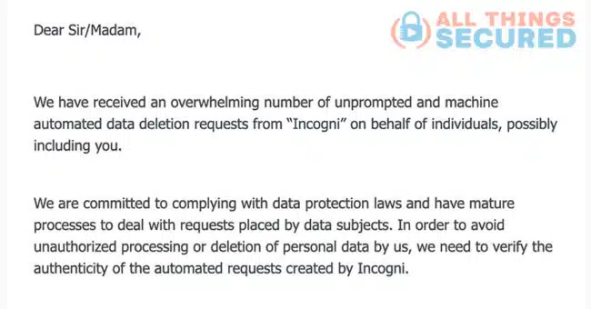 Email from a data broker based on Incogni's automated process