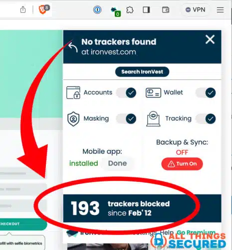 IronVest browser extension showing trackers blocked