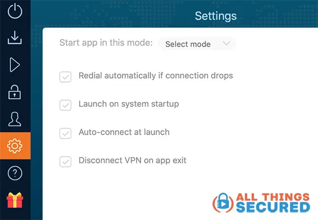 Ivacy VPN settings for the Mac OS desktop app