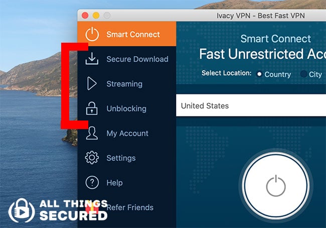 Ivacy VPN Desktop app Smart Connect feature on the left sidebar