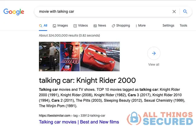 Example Google search of the movie with talking car