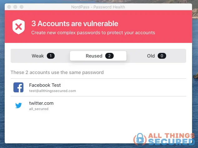The NordPass password health feature