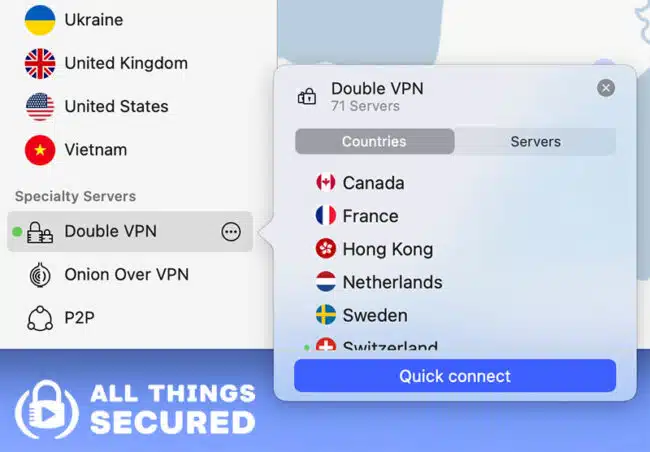 NordVPN Double VPN options