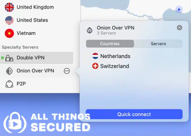 NordVPN Onion over VPN server choices