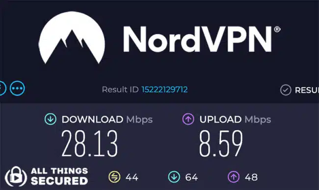 NordVPN speed test results