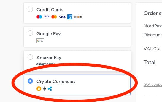 Nordpass allows you to pay with cryptocurrency
