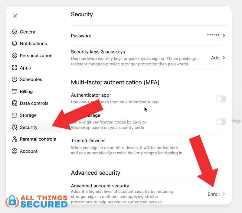 ChatGPT Security settings for Advanced Account Security